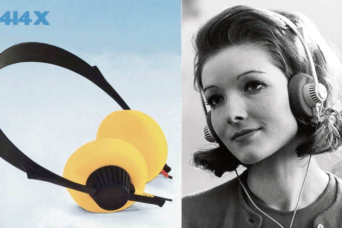 Links: Kopfhörer Sennheiser HD 414, Rechts: Frau trägt den Kopfhörer HD 414 von Sennheiser