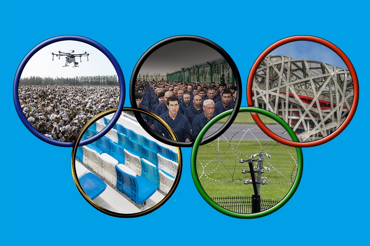 Symbolbild: Olympische Ringe gefüllt mit Bildern, Baumwollfeld, Zwangsarbeiter, Stadion in Peking, Tribüne, Zaun