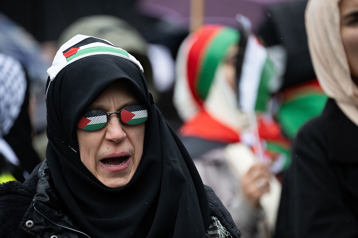 Frau mit einer Brille mit der Flagge von Palästina