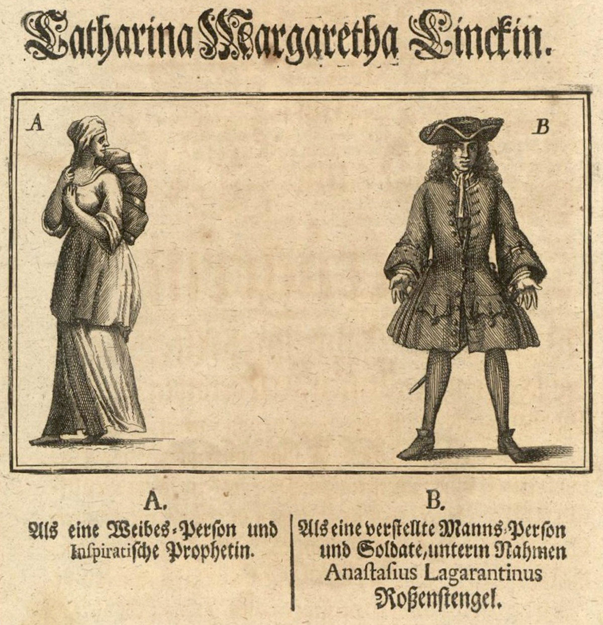 Darstellung von Catharina Margaretha Linck in Männer- und Frauenkleidern, 1720