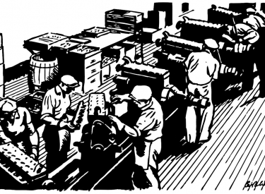 Schwarzweiß Grafik von Arbeitern am Fliessband einer Fabrik