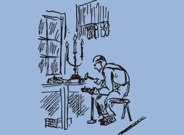 Illustration: Schuhmacher sitzt im Kerzenschein bei der Arbeit