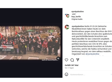 Ein Instagram-Post von »Eye 4 Palestine« zur Protestaktion vor dem Neuköllner Rathaus am Freitag vergangener Woche